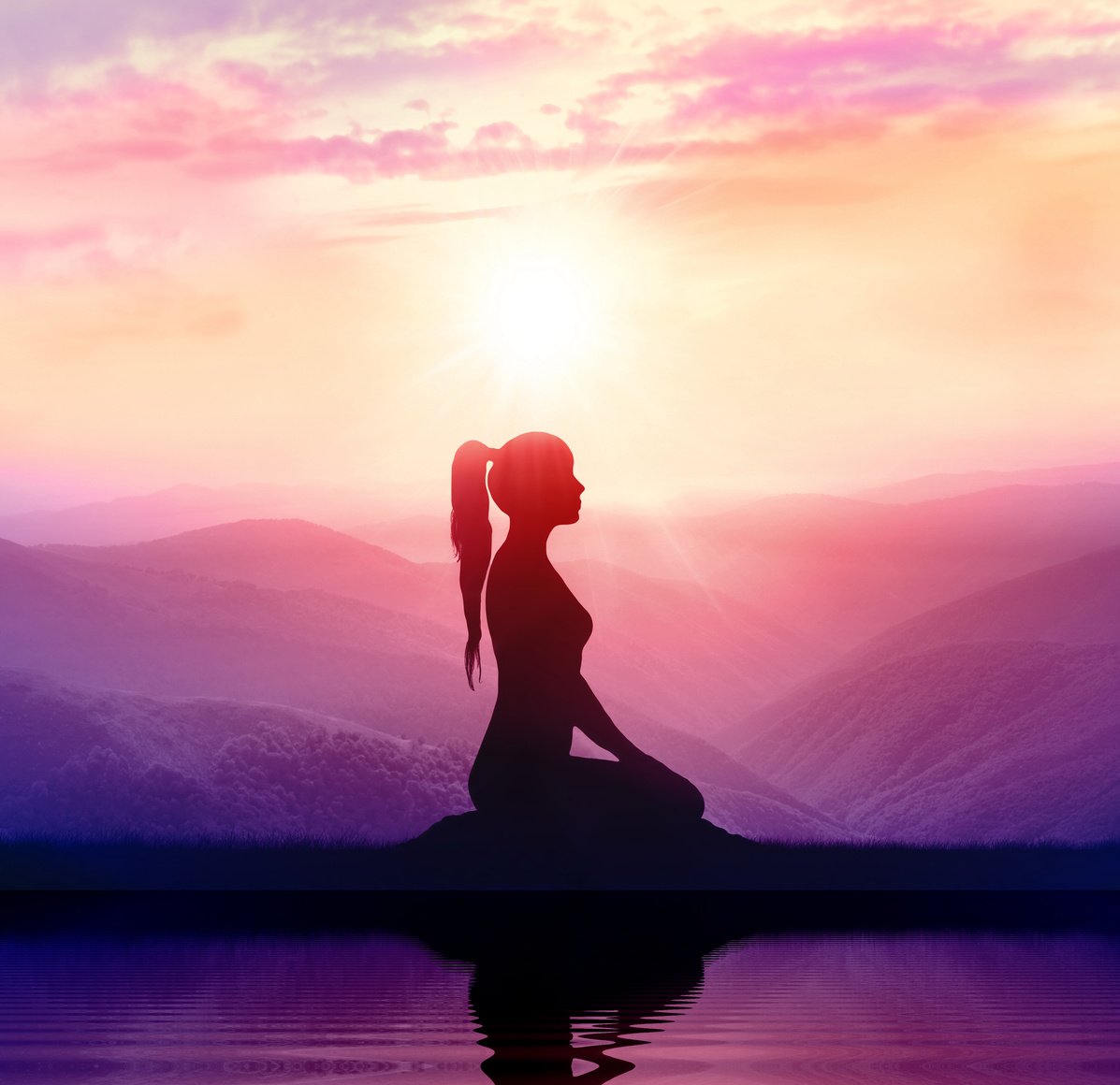 Meditation. Silhouette of woman in the mountain